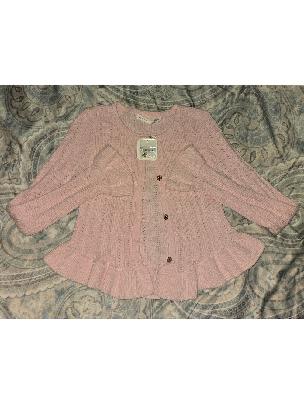 NWT Altar'd State Pink Pointelle Ruffle Bell Sleeve Cardigan Flower Buttons XS